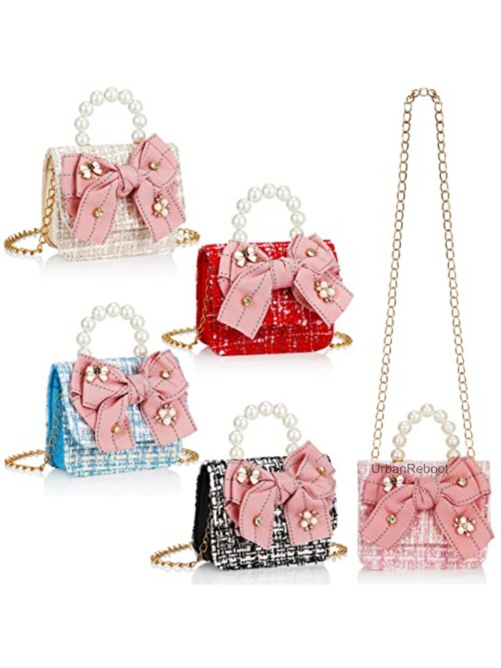 Tweed Mini Crossbody Bag Set Pearl Handle Bowknot Purse